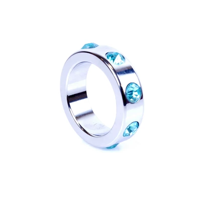 Boss Series Metal Cock Ring With Light Blue Diamonds Medium - metalowy pierścień erekcyjny, zdobiony