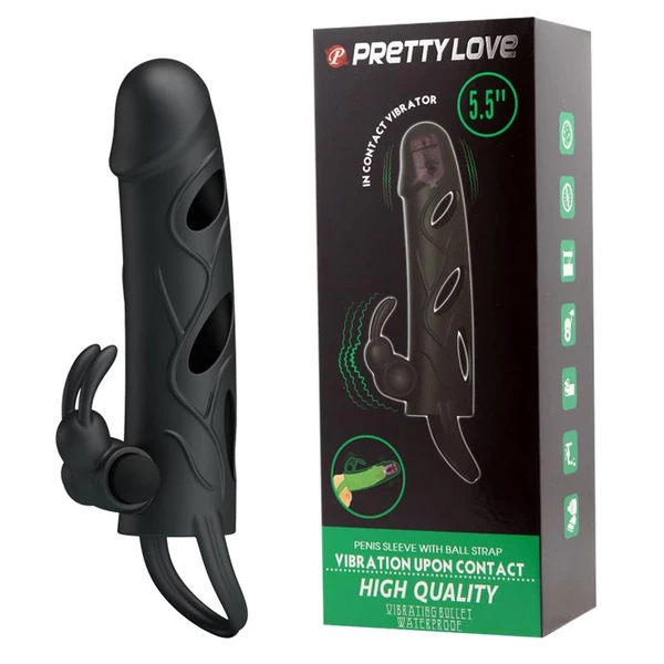 Pretty Love Penis Sleeve With Ball Strap Black  - vibračný návlek na penis