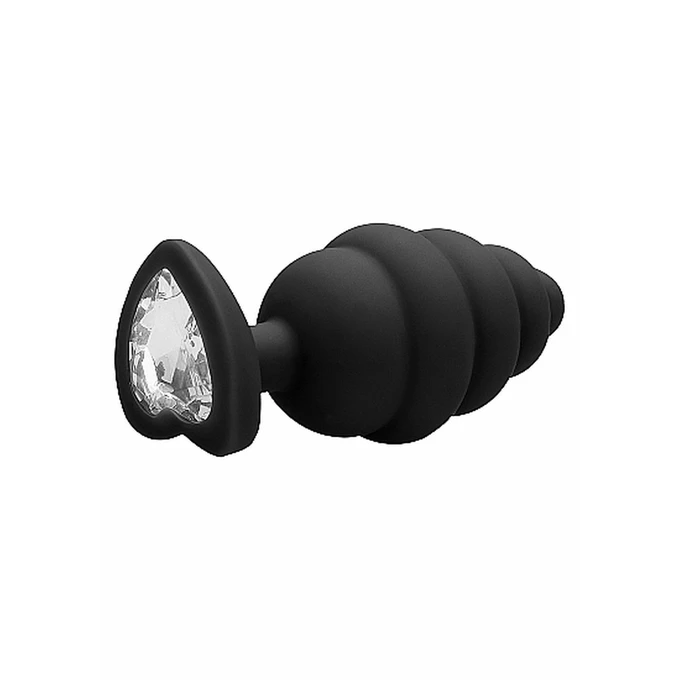 Ouch! Ribbed Diamond Heart Plug Black Extra Large - Korek analny z diamentem Czarny