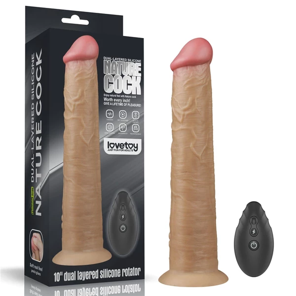Lovetoy 10' Dual Layered Platinum Silicone Rotator - Wibrujące dildo z rotacją i pilotem na przyssawce