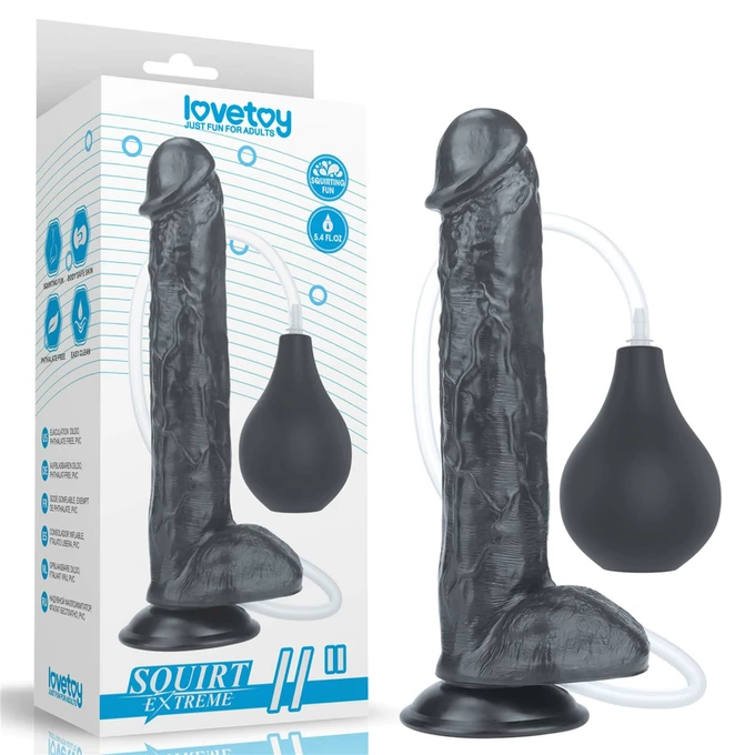 Lovetoy 11' Squirt Extreme Dildo Black - Dildo klasyczne na przyssawce z wytryskiem