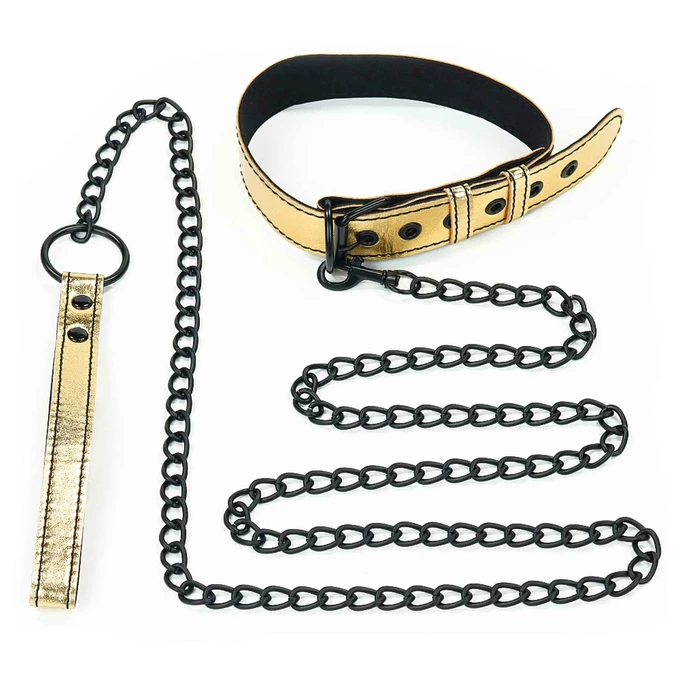 Lovetoy Bondage Fetish Metallic Pup Collar With Leash gold - Obroża ze smyczą, Złoty