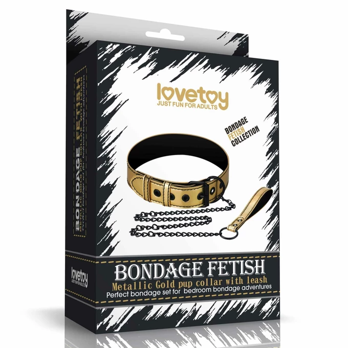 Lovetoy Bondage Fetish Metallic Pup Collar With Leash gold - Obroża ze smyczą, Złoty