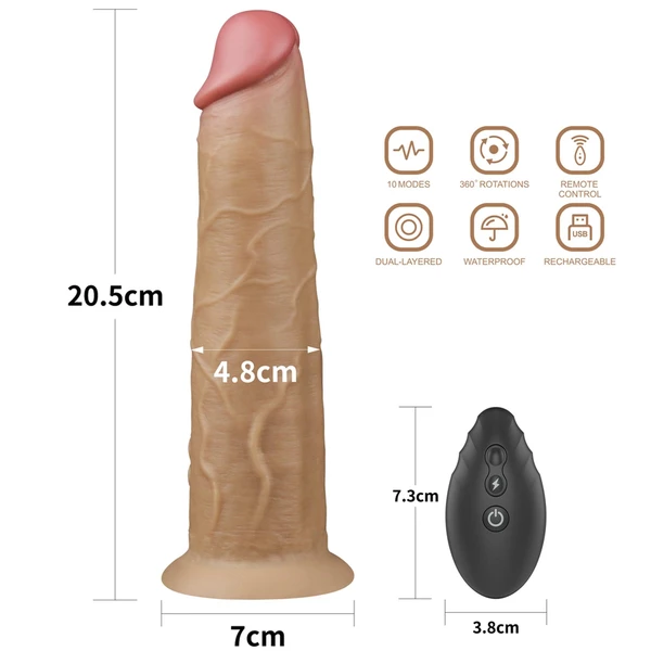 Lovetoy 8.0' Dual Layered Platinum Silicone Rotator - Wibrujące dildo z rotacją i pilotem na przyssawce