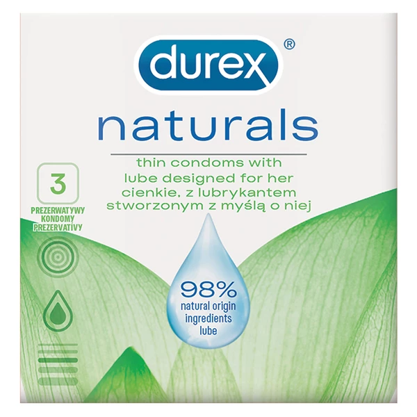 Durex Naturals - Tenké prezervatívy, obohatené lubrikantom, 3 ks