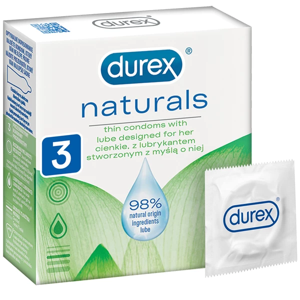 Durex Naturals - Tenké prezervatívy, obohatené lubrikantom, 3 ks