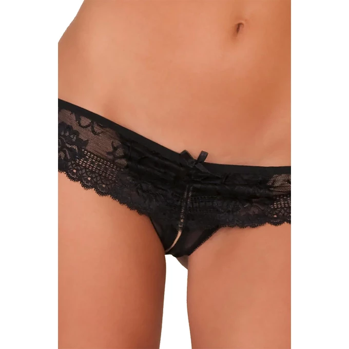 Rene Rofe Crochless Lace BoyShort - Koronkowe majtki z otwartym krokiem, czarne